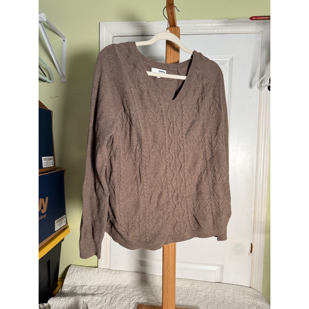 Sonoma Goods For Life Womens Taupe Brown Cable Knit V-Neck Sweater Large